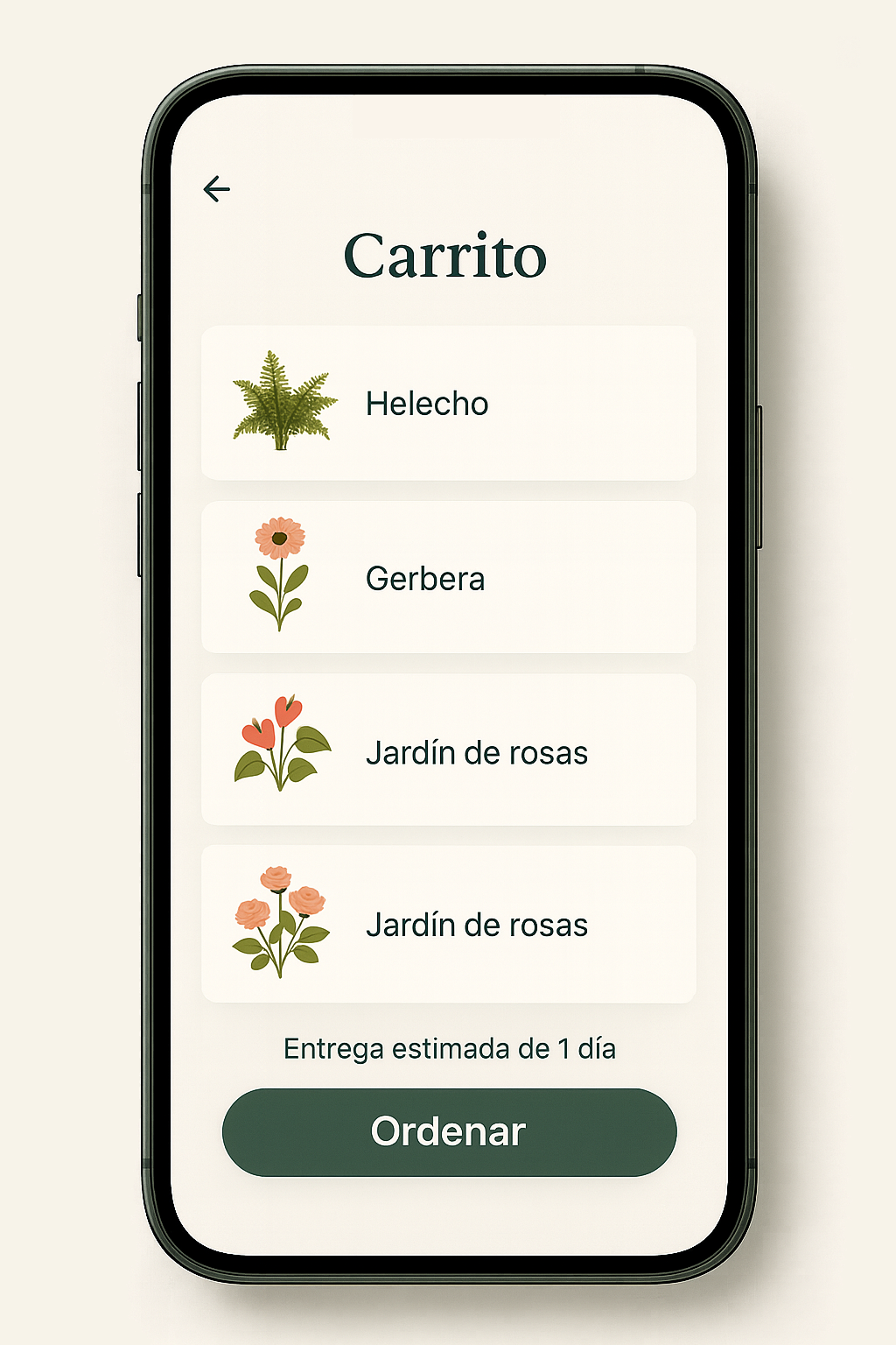 Pantalla de checkout de la app de Planta Express