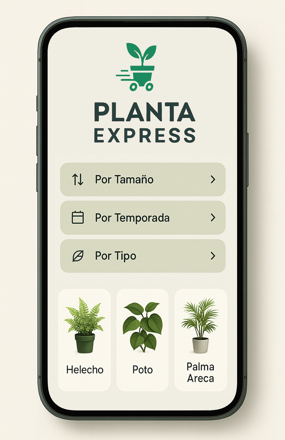 Pantalla principal de la app mostrando las categorías de plantas