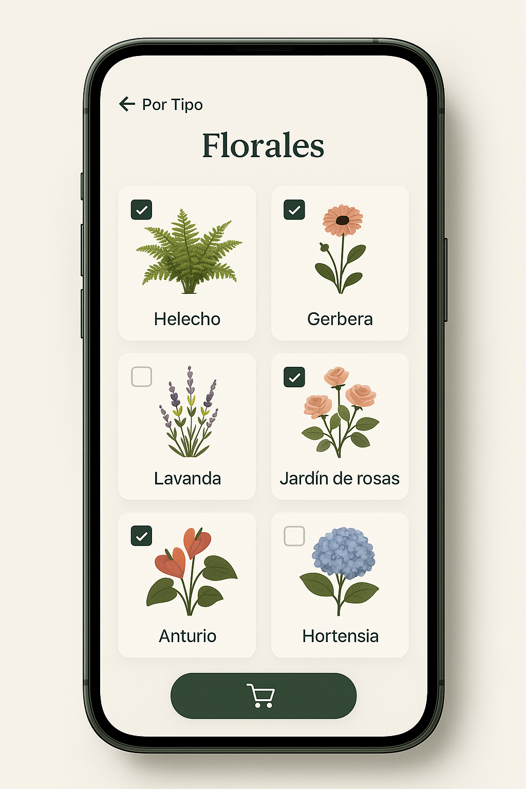 Pantalla de selección de plantas dentro de la app