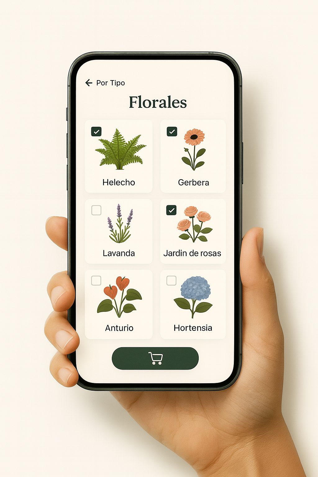 Persona ordenando plantas en su teléfono