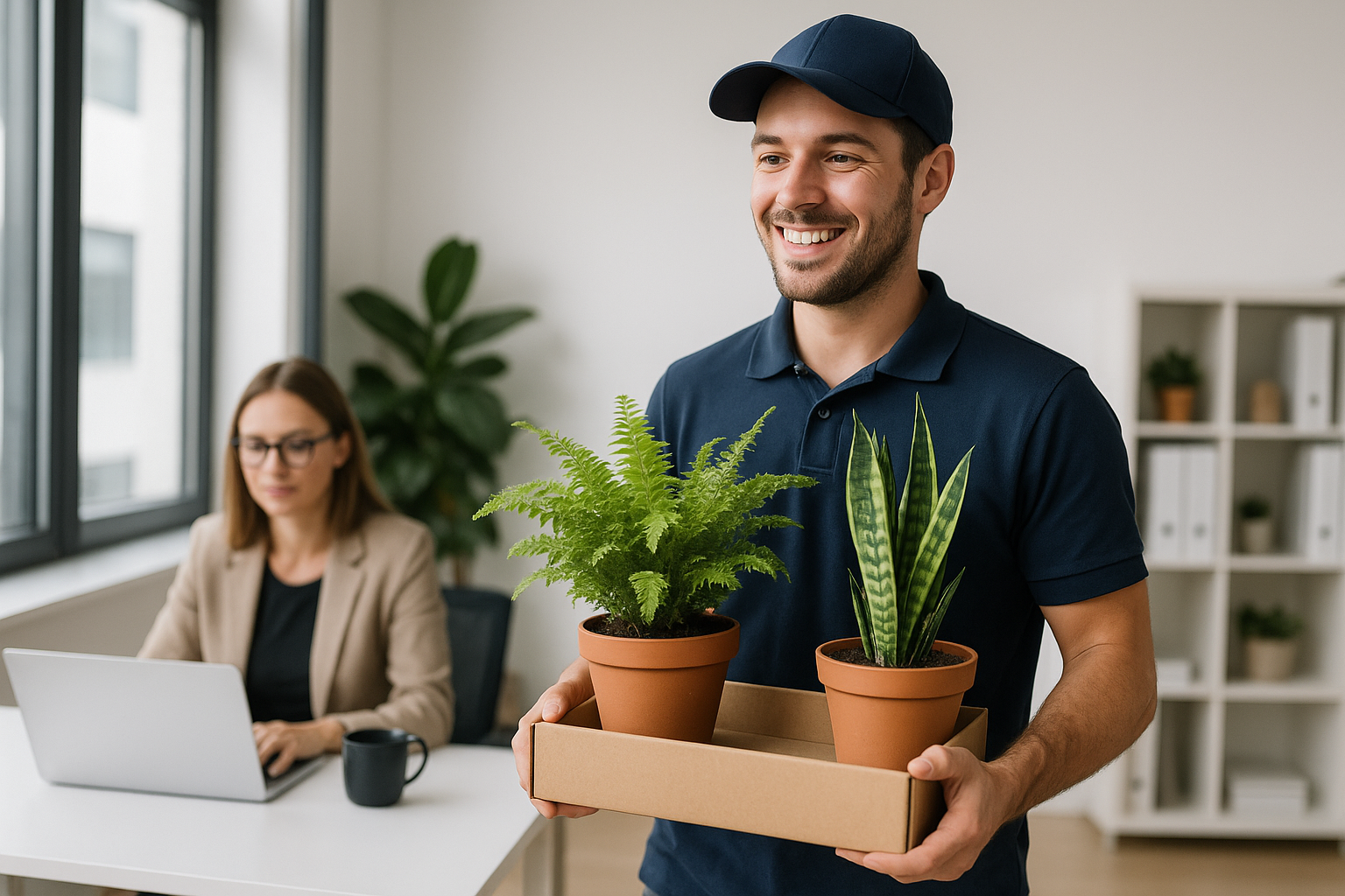 Repartidor llevando plantas a una oficina