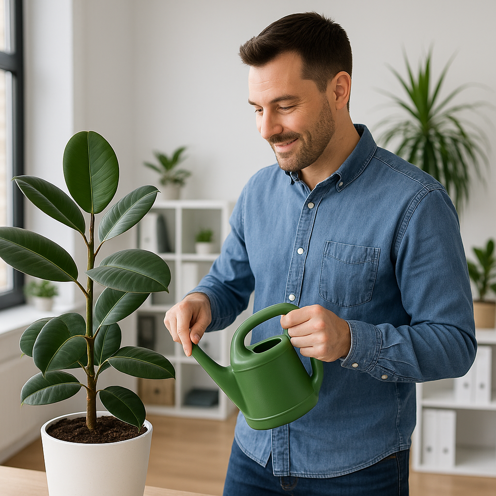 Técnico regando plantas en la oficina